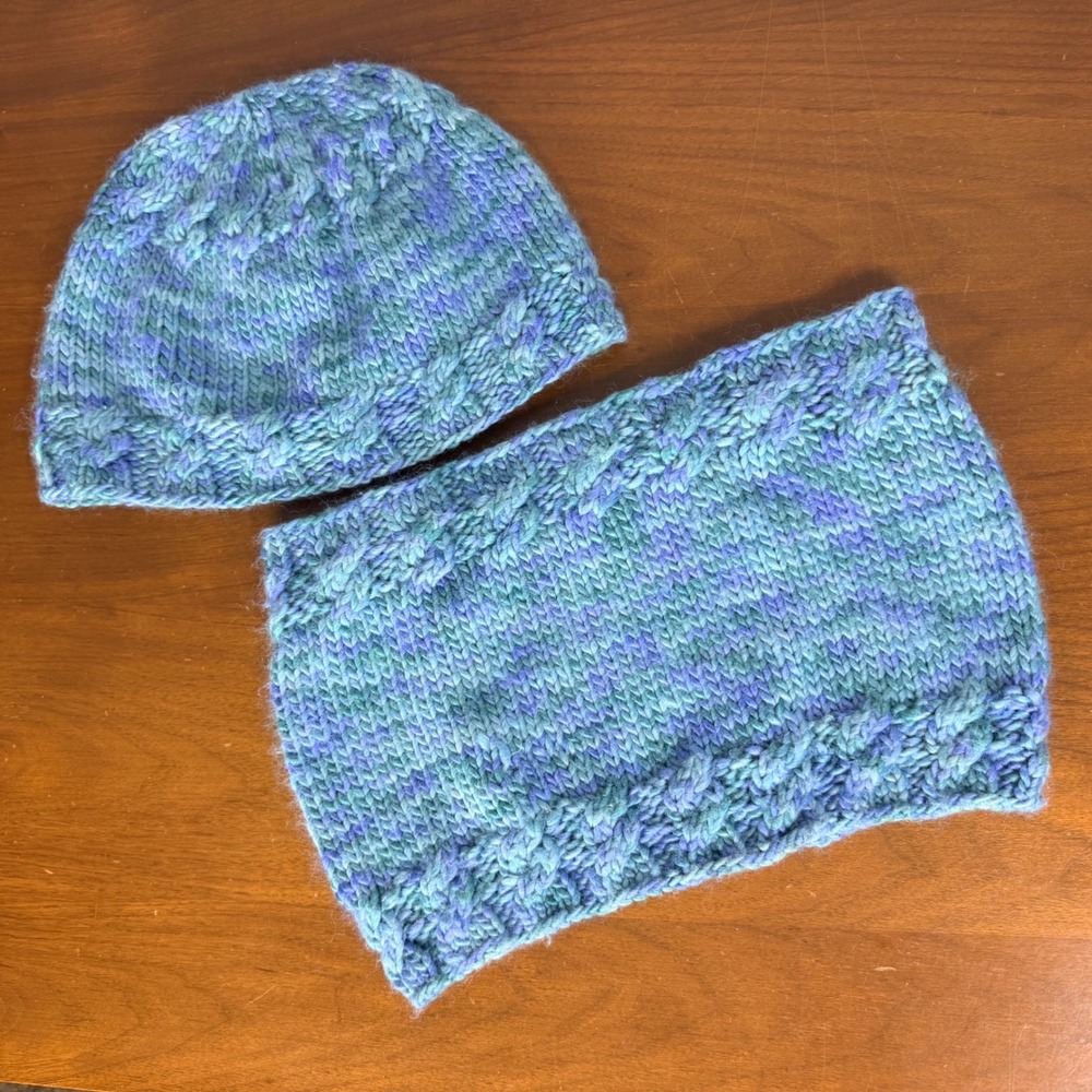 Handmade Crochet Hat Beanie and Cowl Scarf Set Women Blue Purple Cable Knit